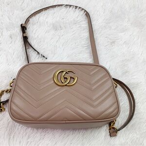 Gucci Calfskin Small GG Marmont Chain Shoulder Bag nude tan